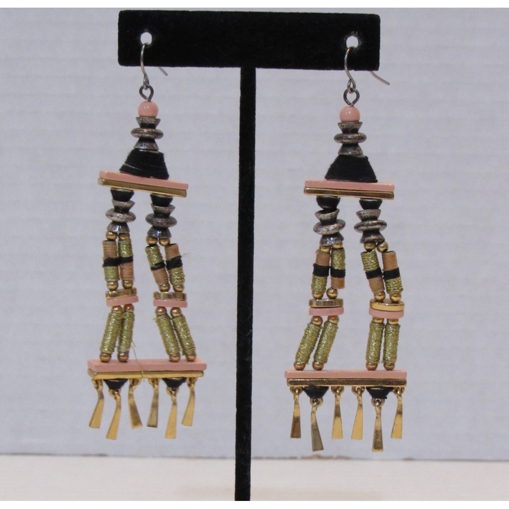 Mixed Media Drop‎ Earrings Gold Peach Black Thread Wrapped Geometric Statement